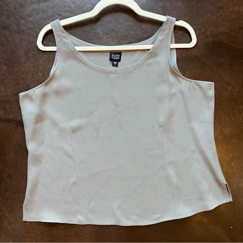 Eileen Fisher 100% silk georgette crepe griege taupe Camisole- size large
